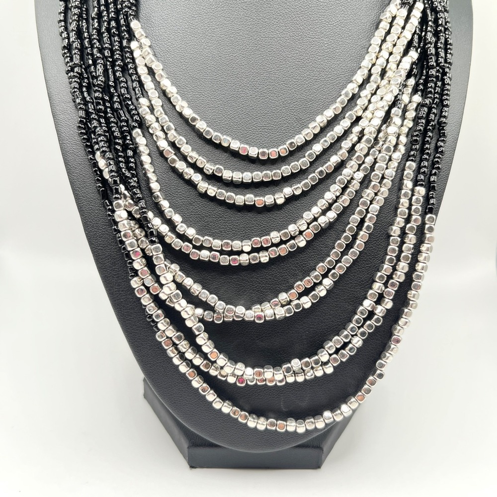 Charming‎ Charlie Multi Strand Seed Bead Necklace Layered Silver Black Edgy Glam